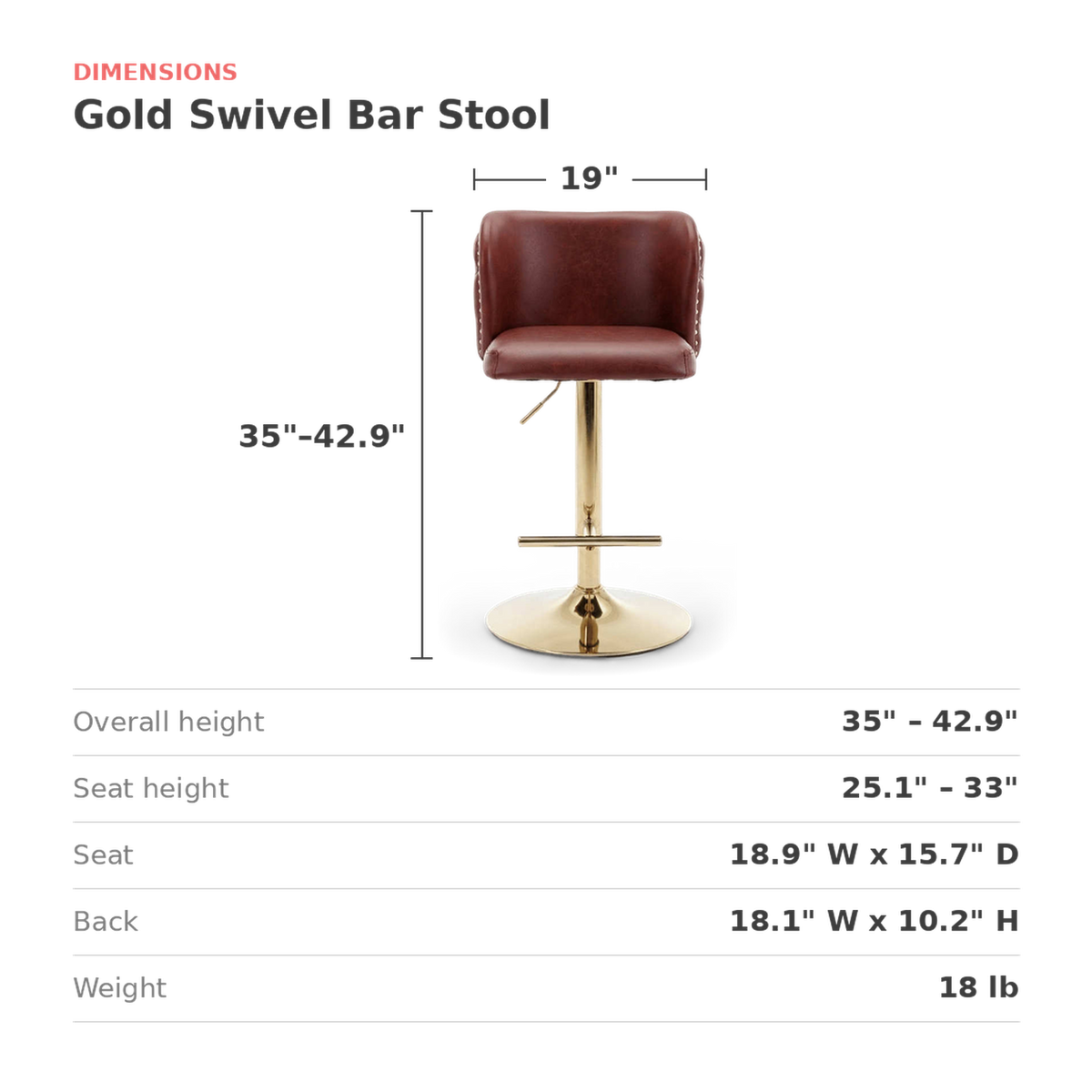 Gold swivel bar stool dimensions card: seat height 25.1 to 33 inches, seat 18.9 by 15.7 inches