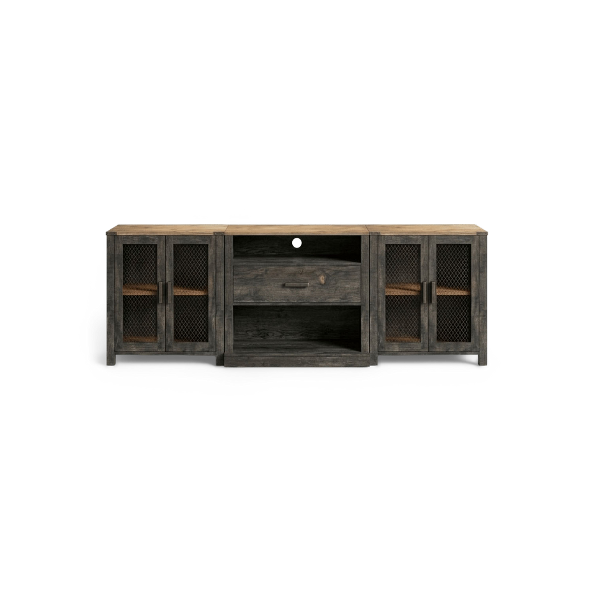 Black 100 inch tv stand with two mesh-door cabinets and a walnut-tone top, front view