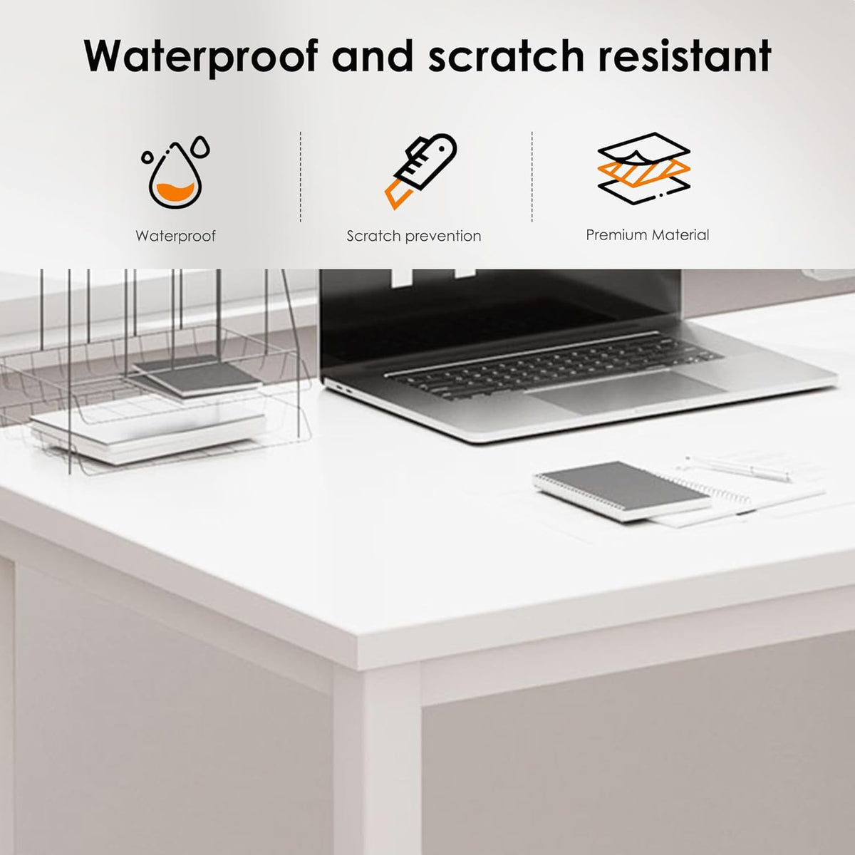 White table specifications waterproof and scratch resistant (feature callout)