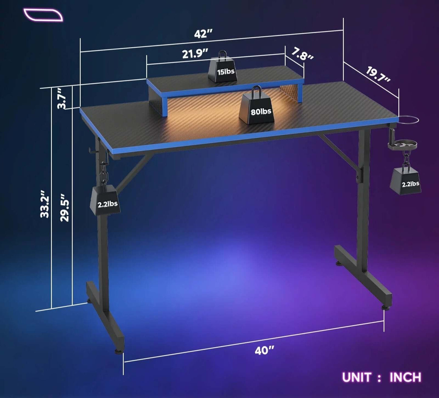 Gaming Desk with LED Lights, Monitor Stand, Hook, and Cup Holder