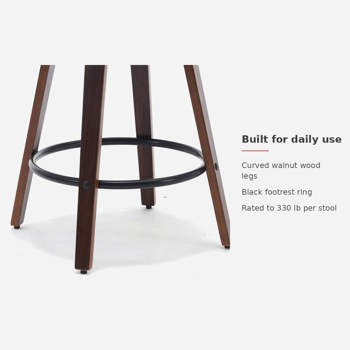 Walnut legs and black footrest ring of the counter stool