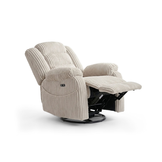 Massage swivel rocker recliner in cream corduroy, three-quarter view, plain #f3f3f3 studio background