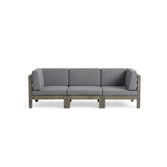 Three-seat acacia wood outdoor sectional in dark gray, front view