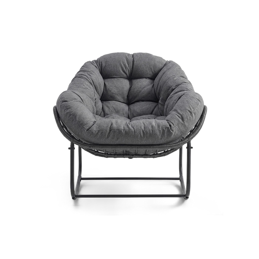 Outdoor papasan rocking chair look with a dark gray padded cushion, front view (plain studio)