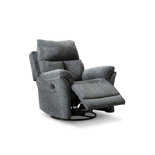 Gray swivel rocker recliner with the footrest extended, three-quarter view