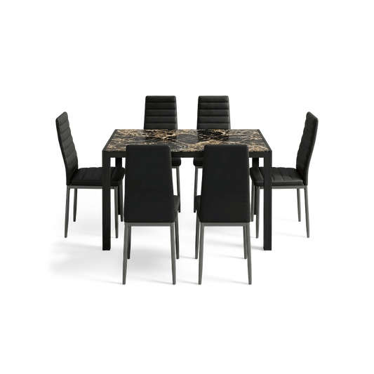 Dining table set with PU leather chairs, seven pieces with a glass top and black metal legs