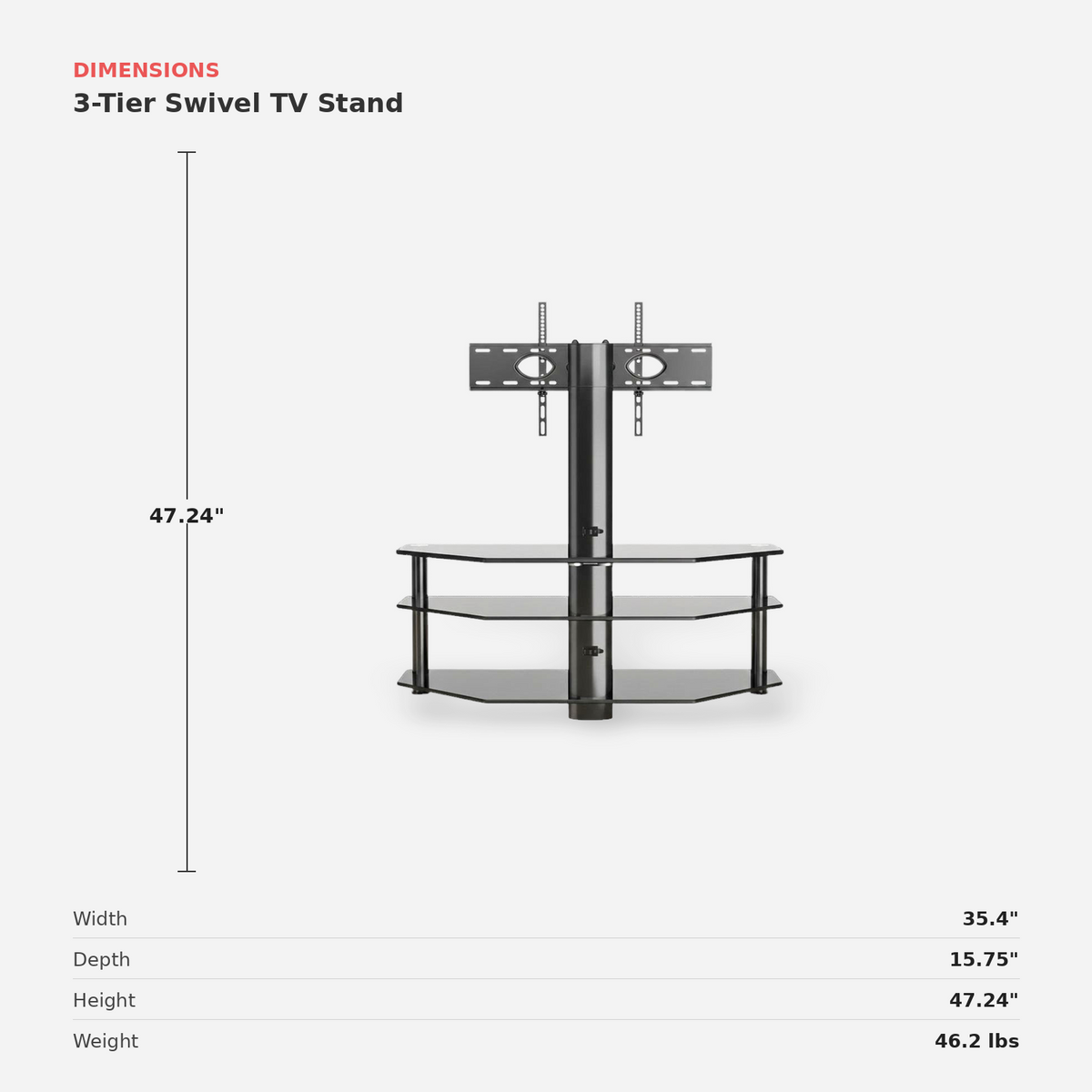 3-Tier Swivel TV Stand dimensions (feature callout)