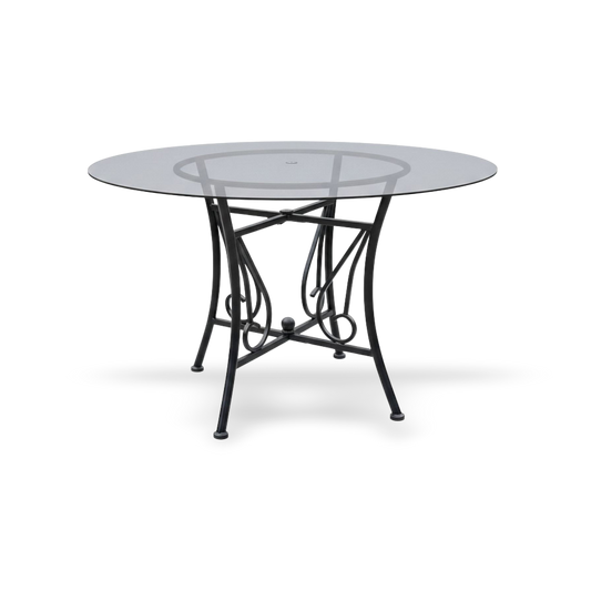 48-inch round glass dining table with a clear 8mm tempered top and a black powder-coated metal pedestal base.