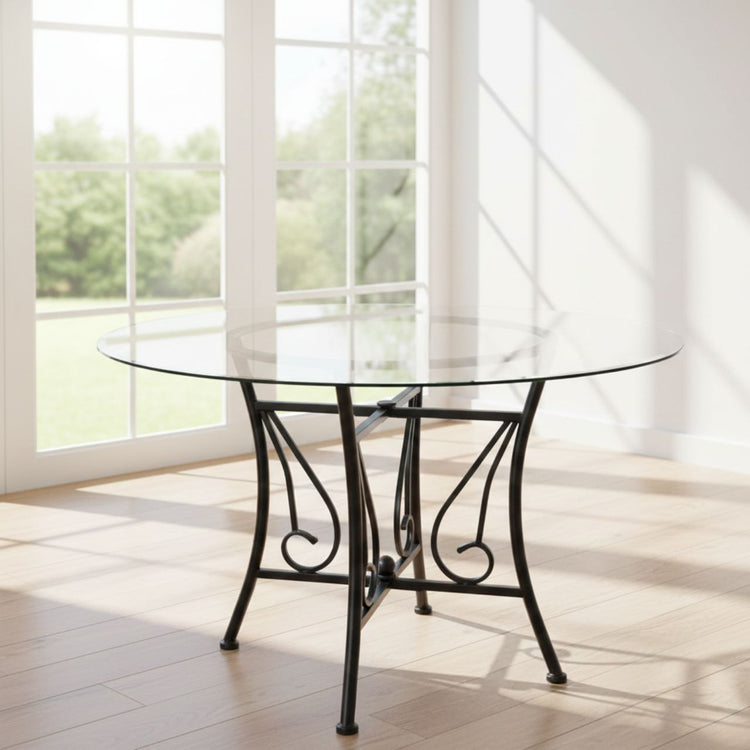 48-inch round glass dining table with a black powder-coated pedestal frame and 8mm tempered top.