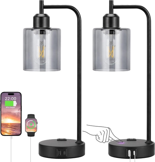 Gray Glass Table Lamps Set of 2 With USB, 3-Way Dimmable