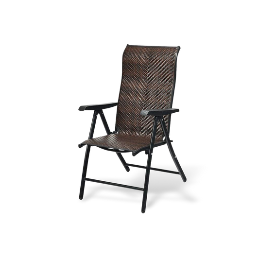 Dark brown rattan outdoor recliner featuring 5 adjustable backrest positions and a sturdy rust-proof steel frame.