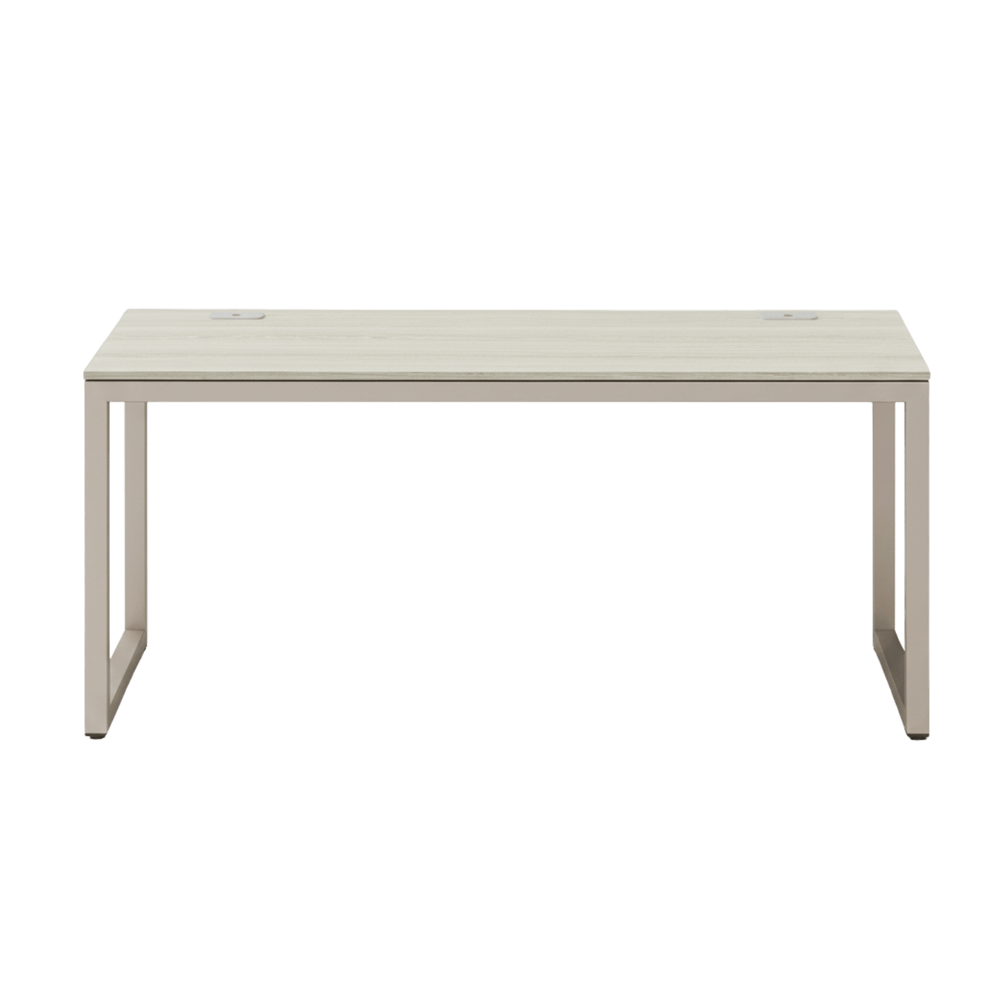 55-inch maple computer desk with grommets and glides, cream metal frame and spacious work surface.