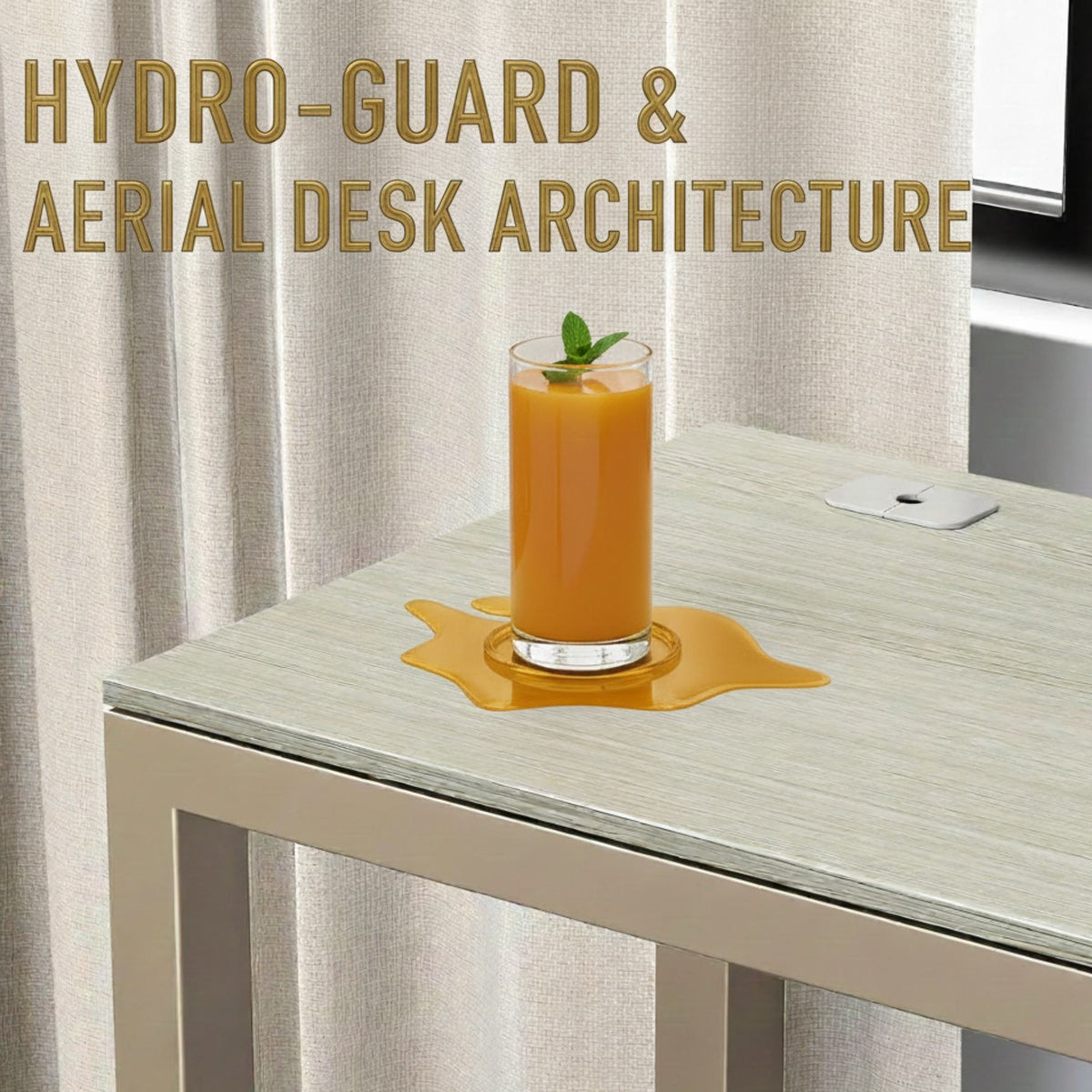 Spec card, spill beading on the sealed maple top beside a cable grommet (feature callout)