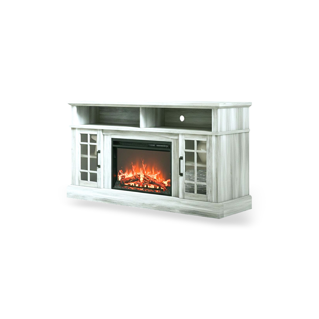 TV stand with glass-front storage cabinets, adjustable shelves and enclosed cabinets in grey-washed wood.
