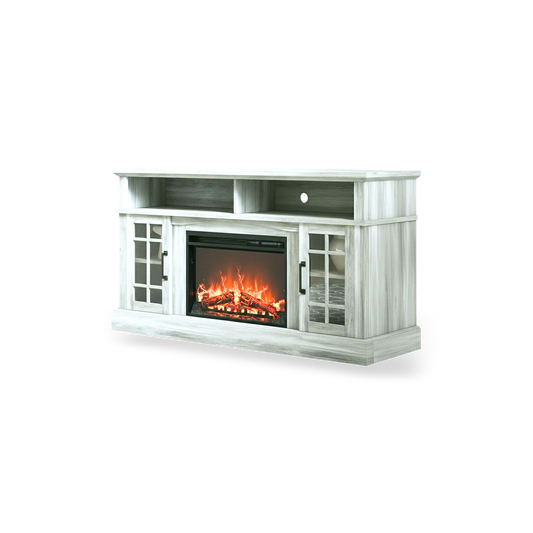 TV stand with glass-front storage cabinets, adjustable shelves and enclosed cabinets in grey-washed wood.