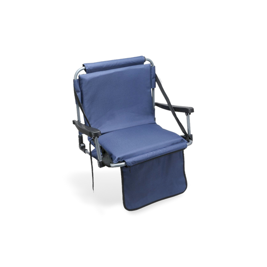 Cushioned bleacher seat for outdoor events, shown against a #f3f3f3 studio backdrop.