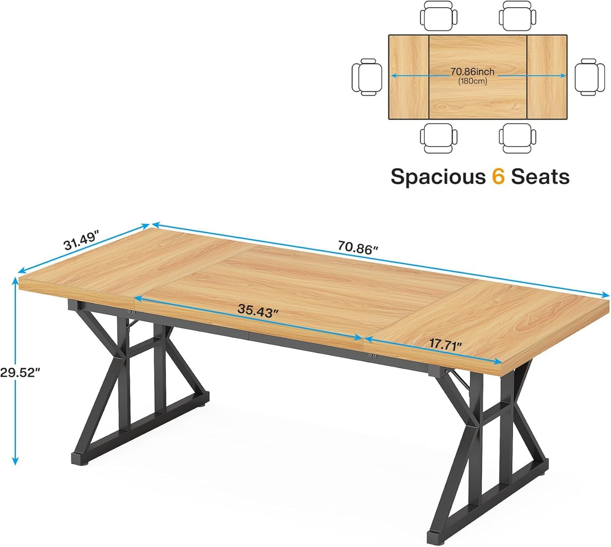 Desk measurements card, 70.86 by 31.49 by 29.52 inches with the three top panel widths (dimensions)