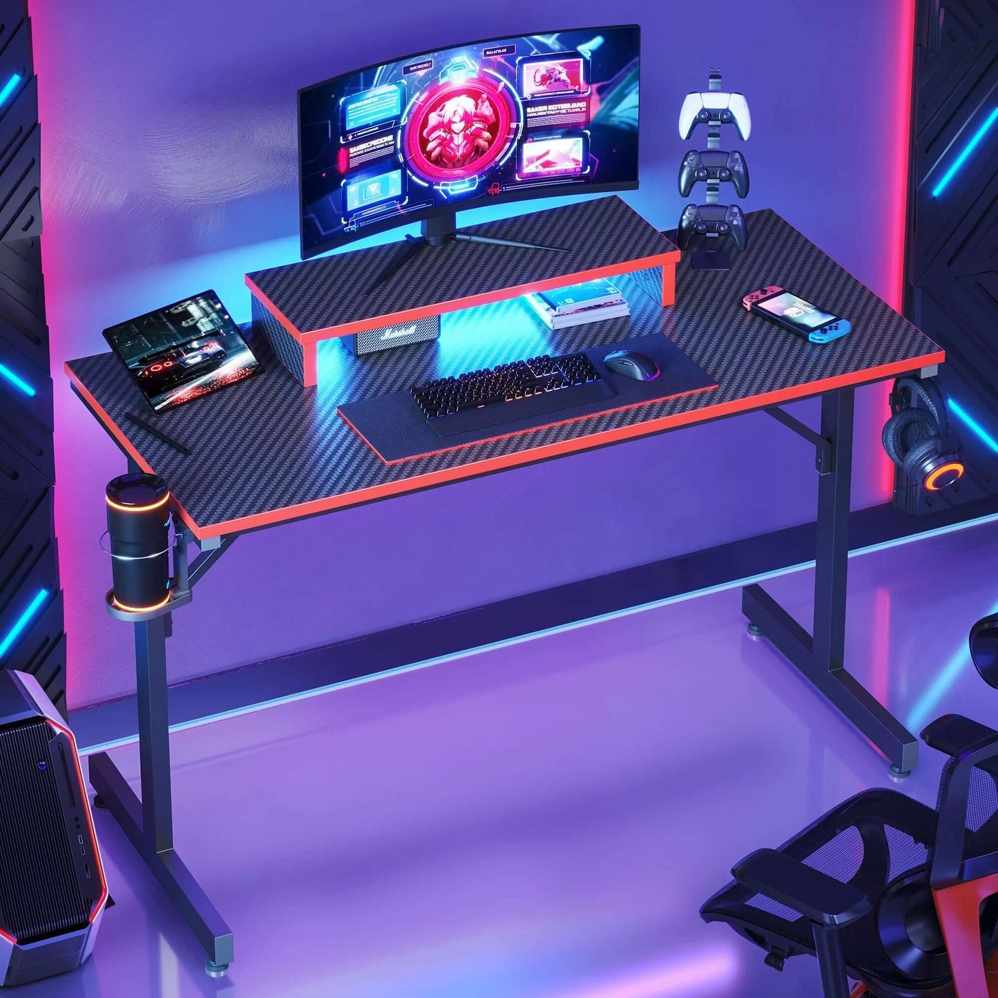 Gaming Desk with LED Lights, Monitor Stand, Hook, and Cup Holder
