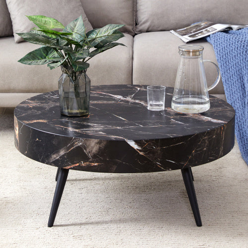 Round Marble Top Cocktail Table, 31.5 Inch Black Finish