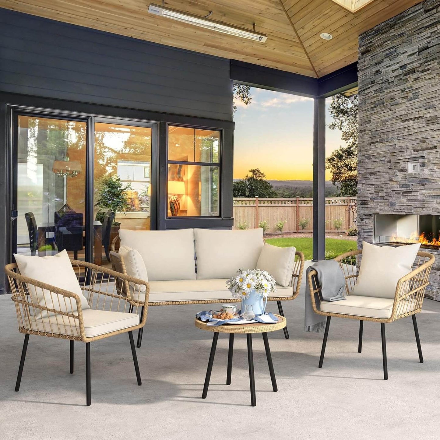 All-Weather Rattan Patio Furniture Set with Table & Cushions