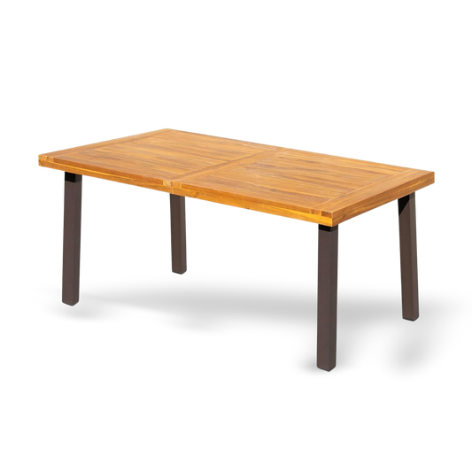 Acacia wood dining table for six with iron legs, indoor outdoor use.