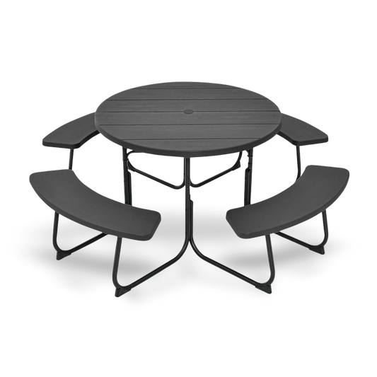 Black outdoor HDPE round picnic table with attached curved benches, umbrella hole, seats up to eight.