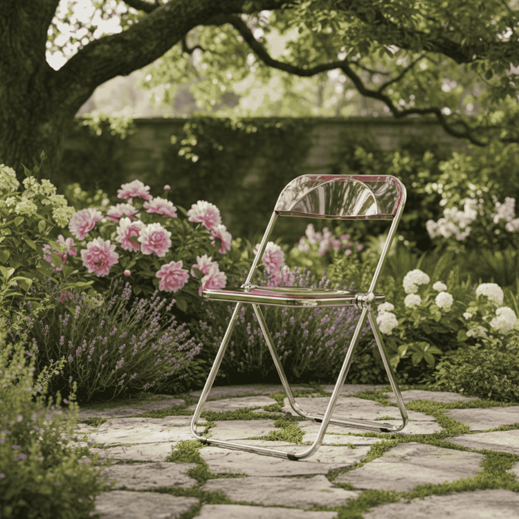 Clear chair on a stone path in a garden with flowers and trees
