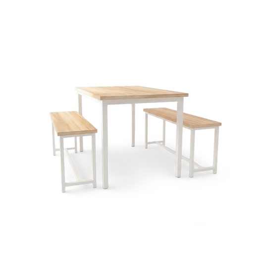 counter height dining table set detail, tuck-under benches