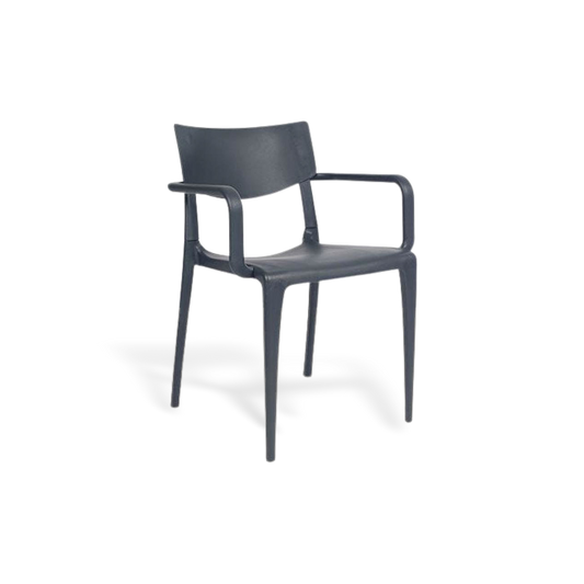 Weatherproof stackable patio dining chair set of four on a #f3f3f3 studio background