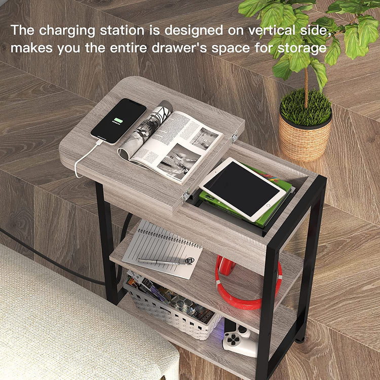 End table with left-side vertical charging station, two USB ports and two 120V outlets, compact storage.