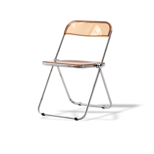 Foldable yellow chair with transparent backrest on a white background