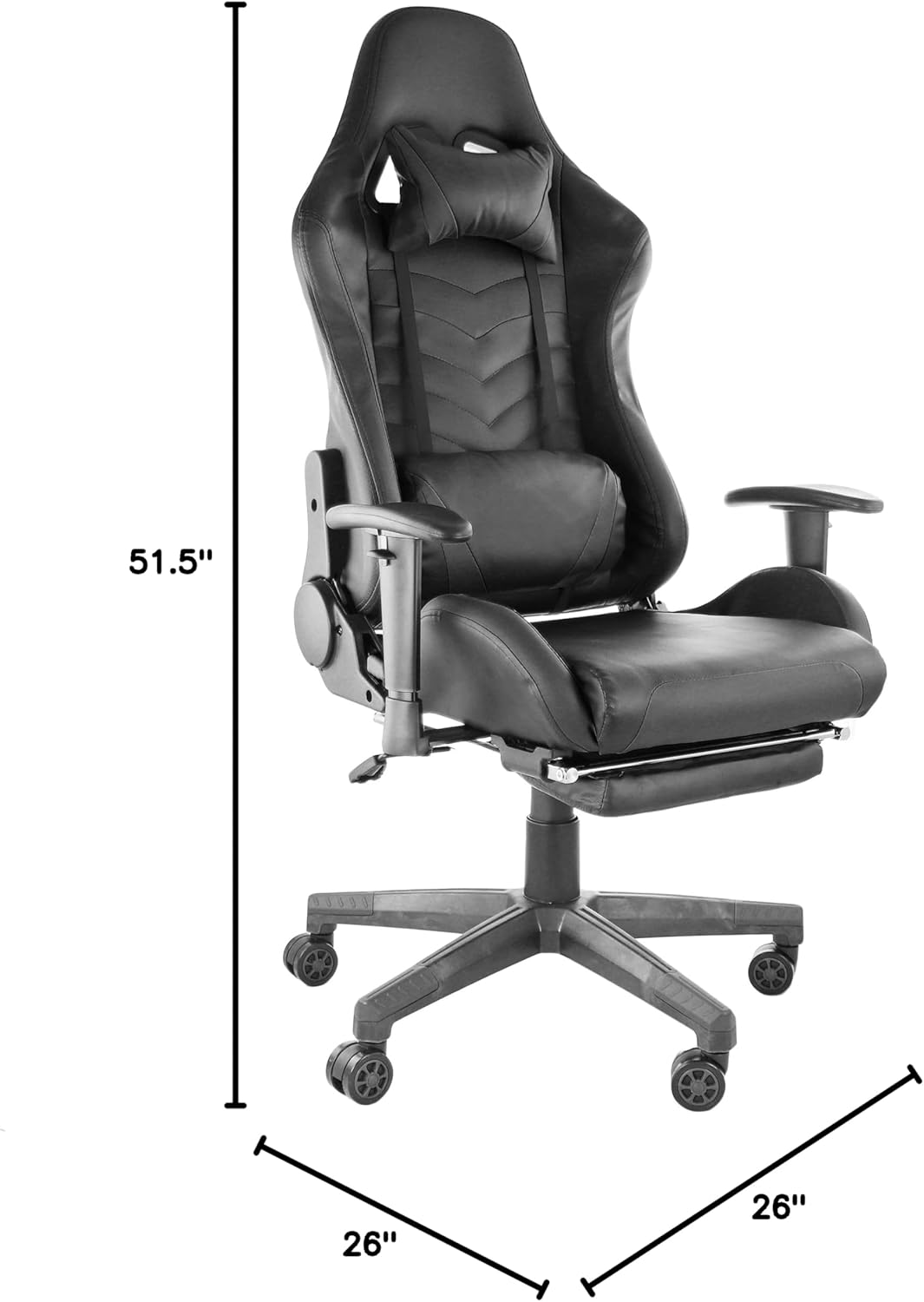 GameFitz Black Gaming Chair with Folding Foot Rest, head pillow, lumbar support, 51.5-inch height.