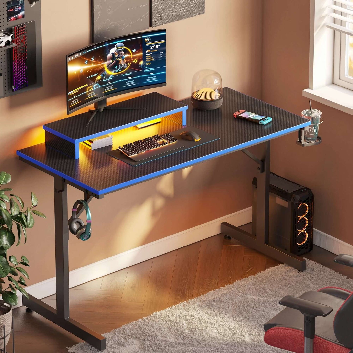 Gaming Desk with LED Lights, Monitor Stand, Hook, and Cup Holder