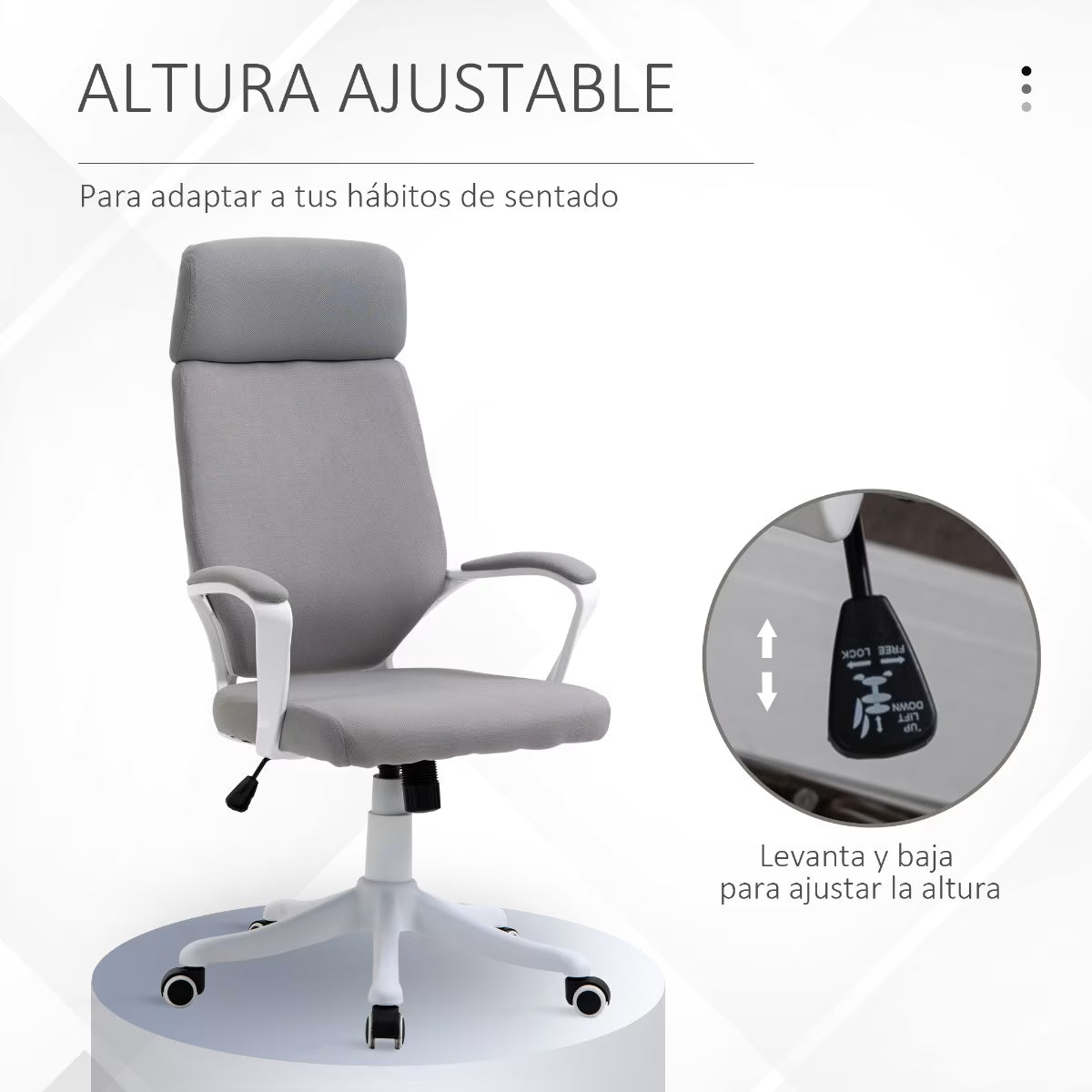 Gray office chair with adjustable height feature on a white background
