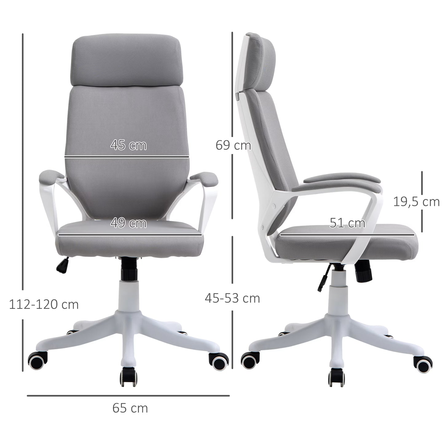 Gray office chair with dimensions labeled