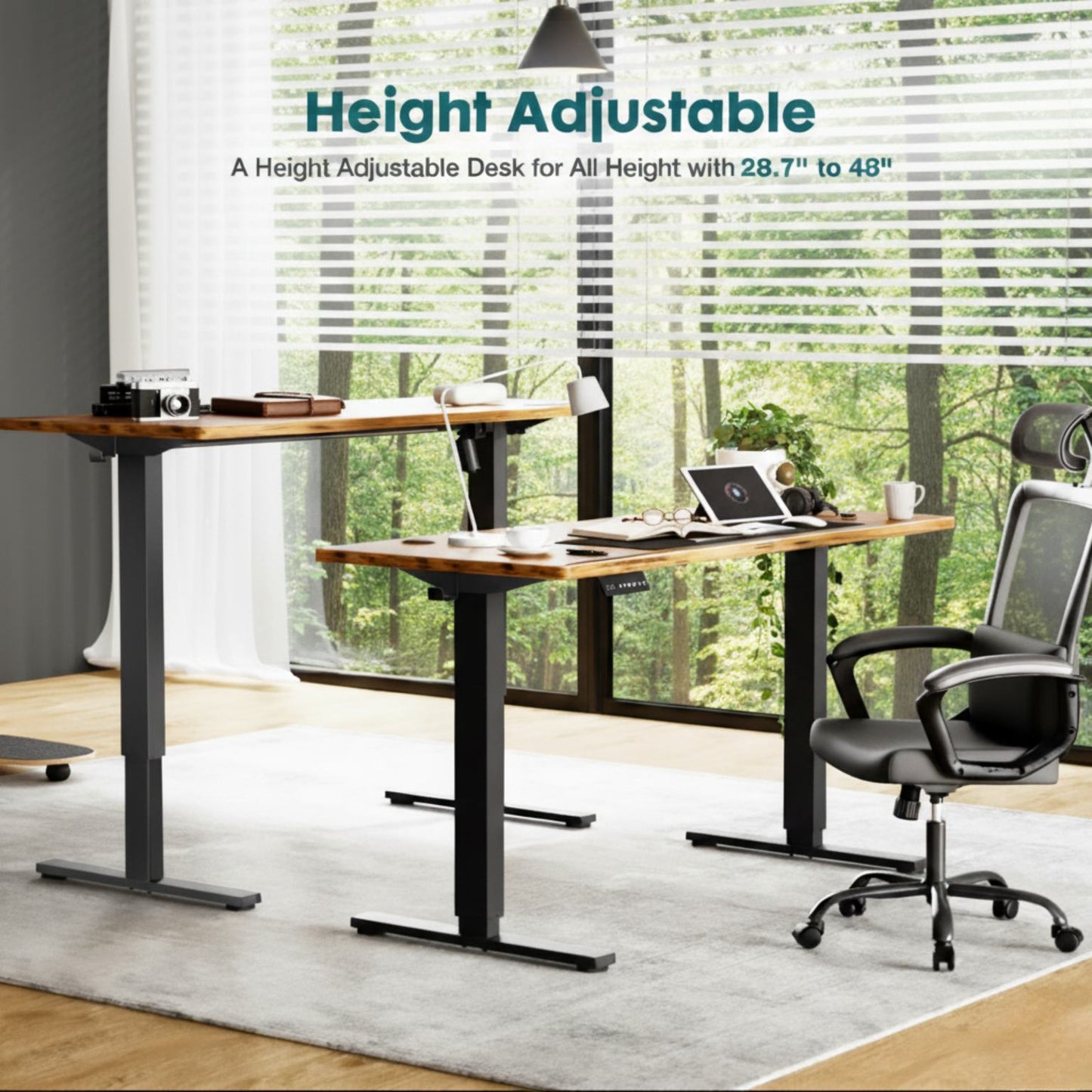 Height adjustable desk with office chair in a room