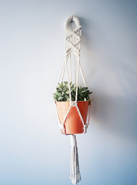 Macrame plant hanger with cotton cord holding an orange pot and green plant.