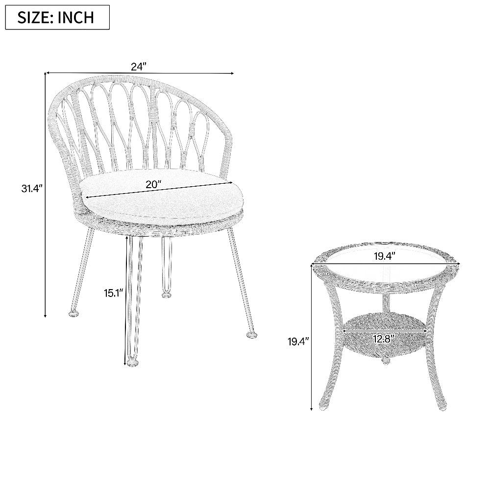 Measurement chart of a chair and side table with dimensions in inches.
