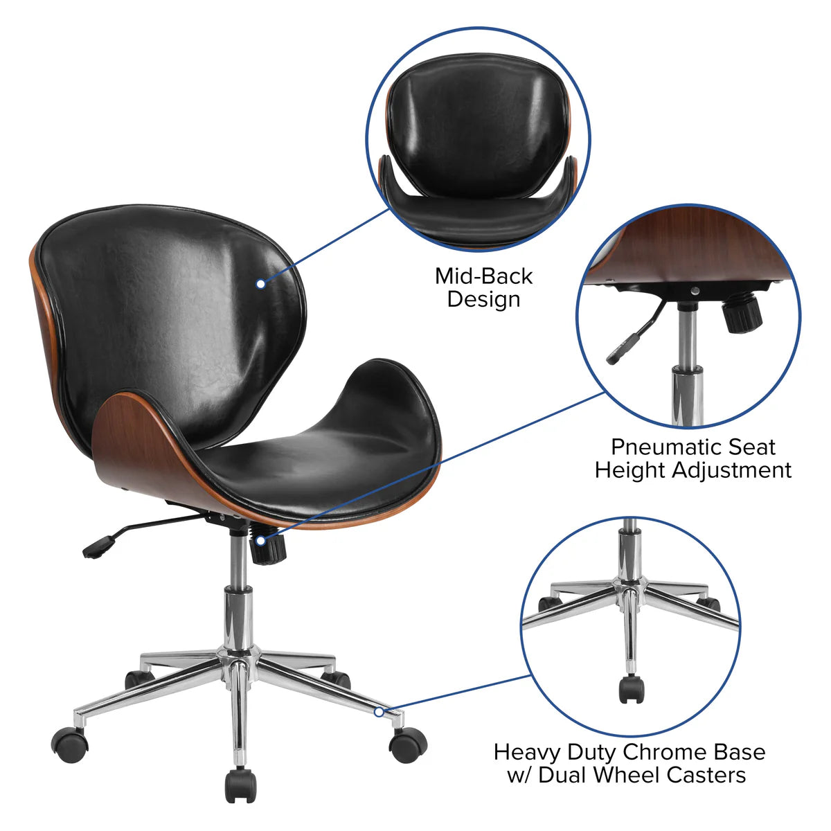 Mid-Back Walnut Office Chair with Curved Bentwood Design in black leather on a chrome base with five casters.