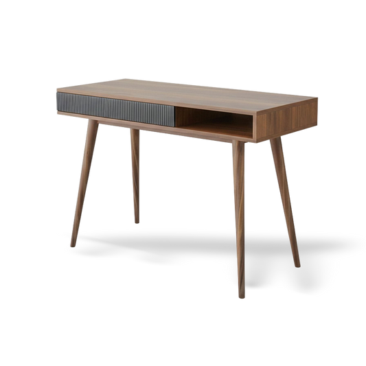Mid Century Walnut Desk with tapered legs, open storage, and ribbed front drawer.