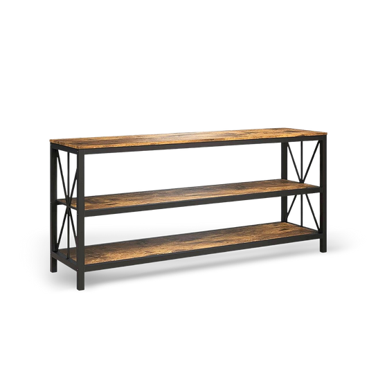 Modern black metal TV stand with barn wood shelves, 60-inch wide, supports up to 70-inch TVs, open-back cable routing.