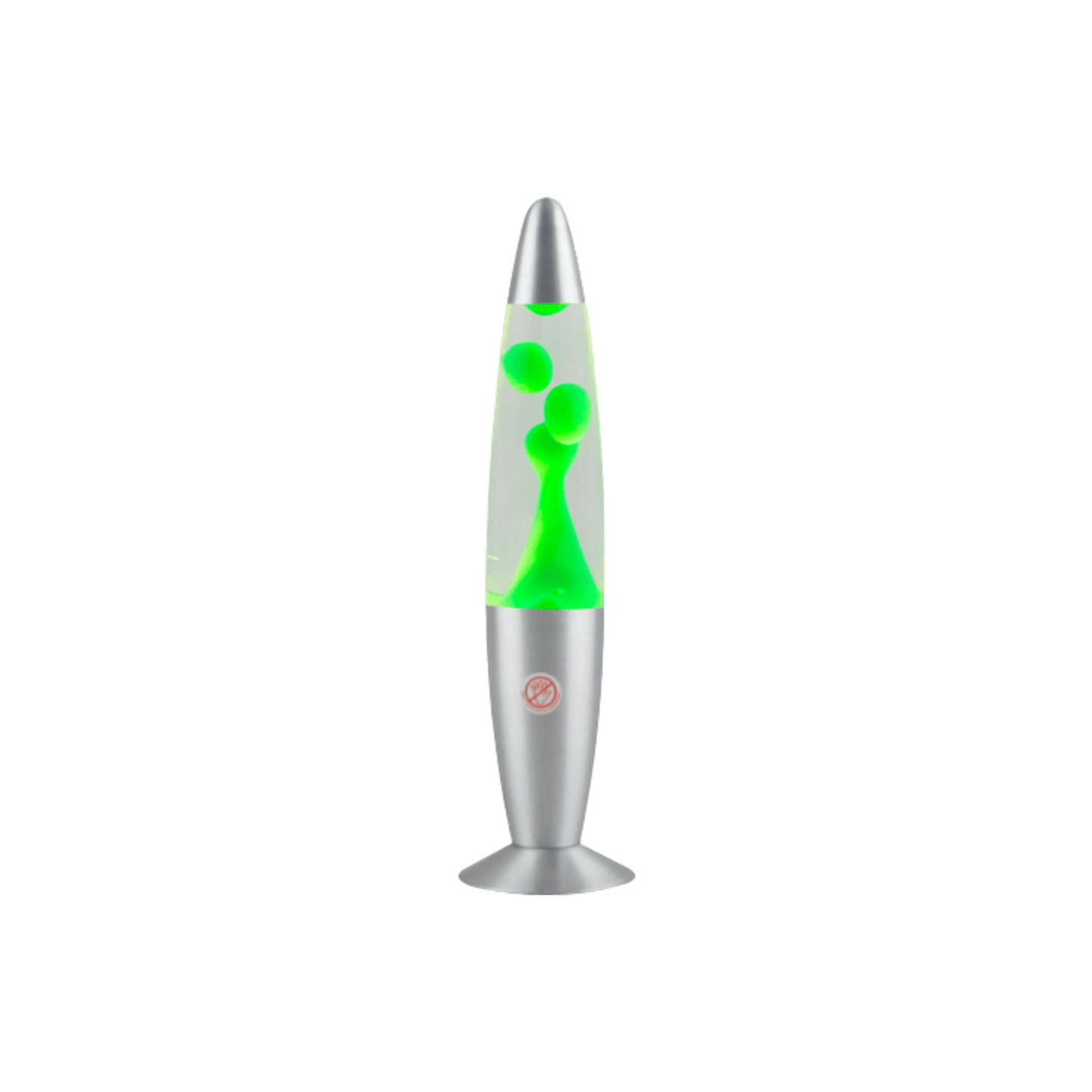 Small Night Light Wax Lamp With Colorful Wax Ball Motion with green liquid and silver base on a transparent background