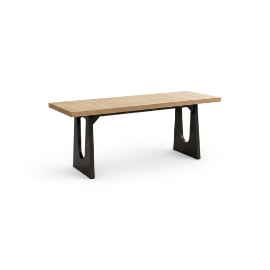 oak and black dining table that seats 6 to 8, thick oak top