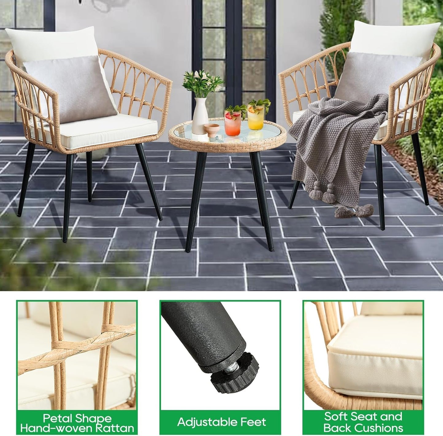 Outdoor furniture set with rattan chairs, table, and cushions on a tiled patio.