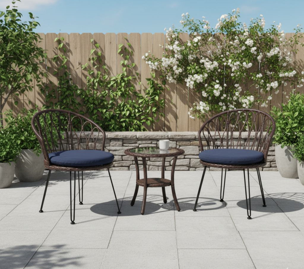 Outdoor patio set with two chairs and a table on a tiled patio area.