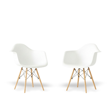 Set of 2 mid-century modern molded dining armchairs with white shells and wooden legs.