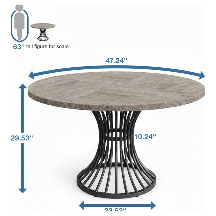 Round 47-inch grey dining table dimensions with soft finish and black metal pedestal base, seats 4-6 for kitchen or living room.