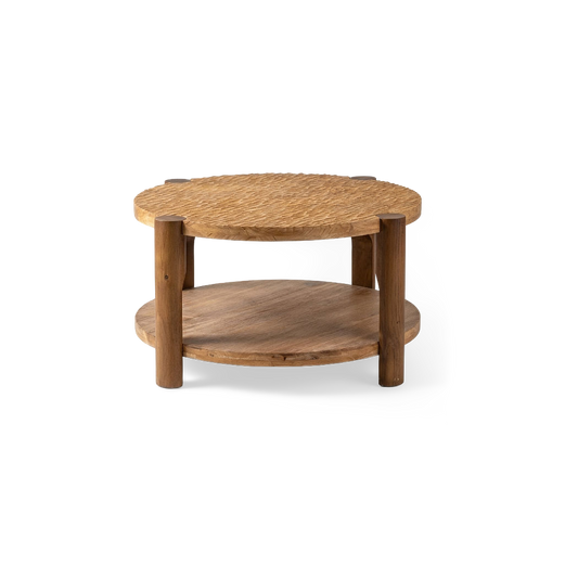 Round solid wood coffee table, front view