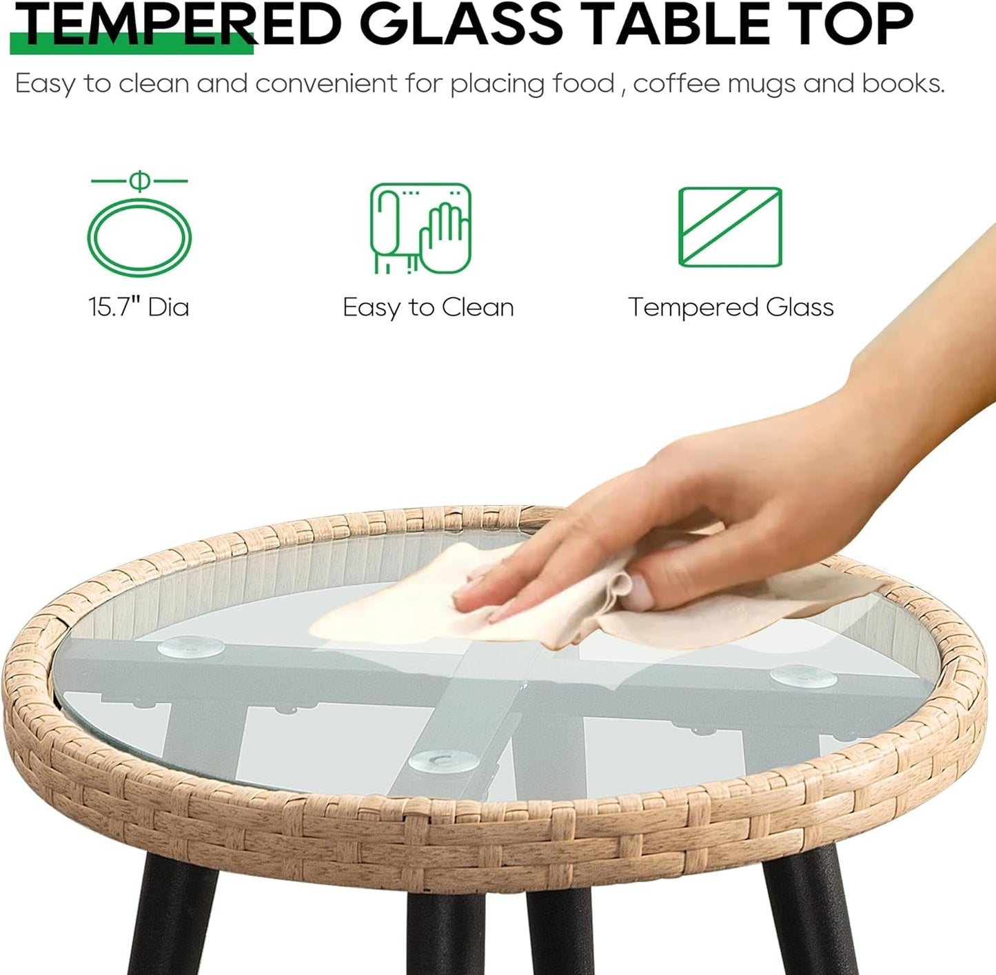 Round table with a glass top being cleaned by a hand, featuring text about tempered glass and ease of cleaning.