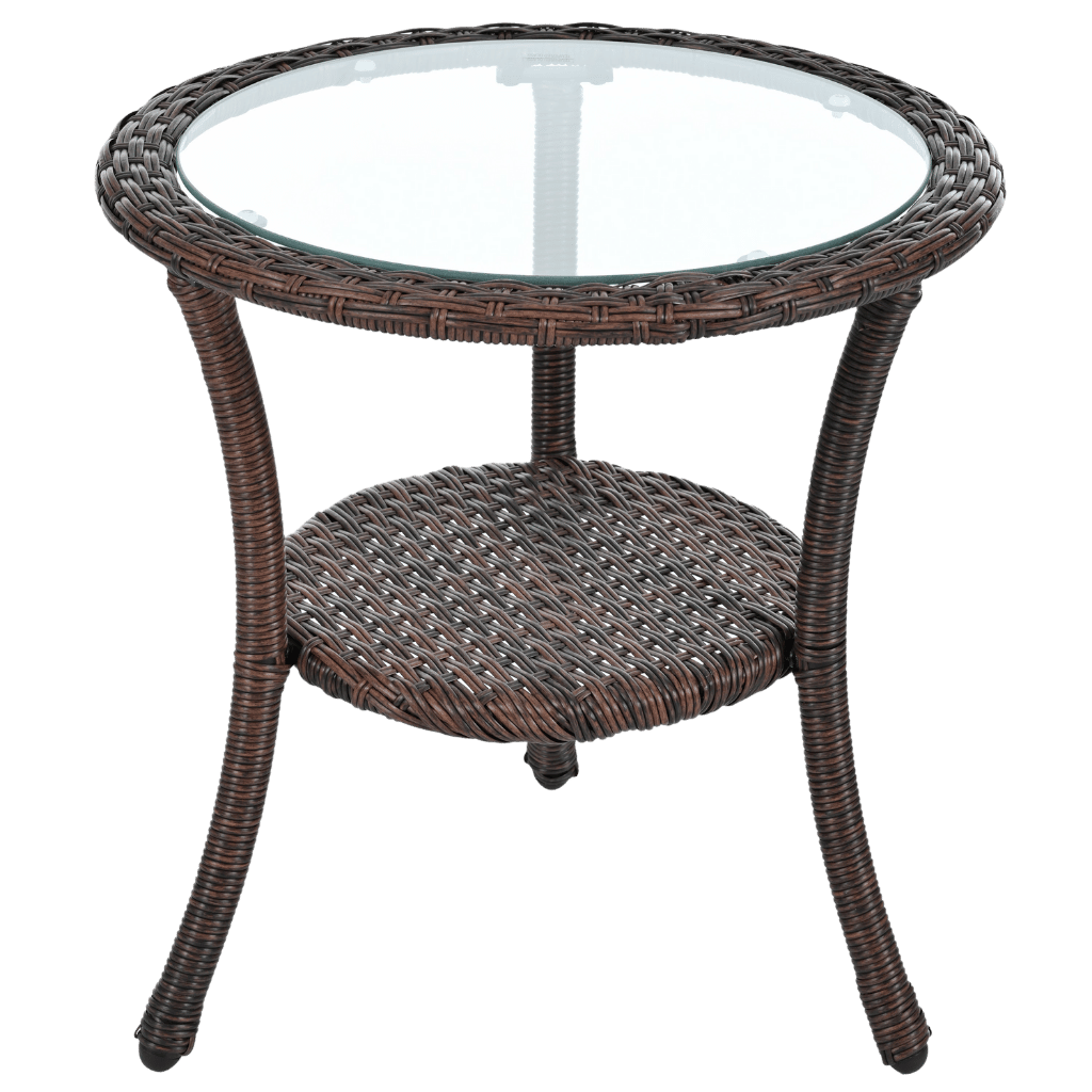 Round wicker side table with glass top on a transparent background